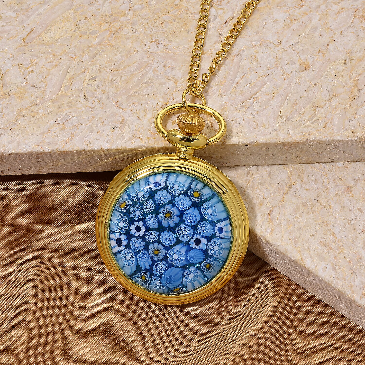 STRADA Murano Style Glass Pocket Watch 3ATM WR with  Chain