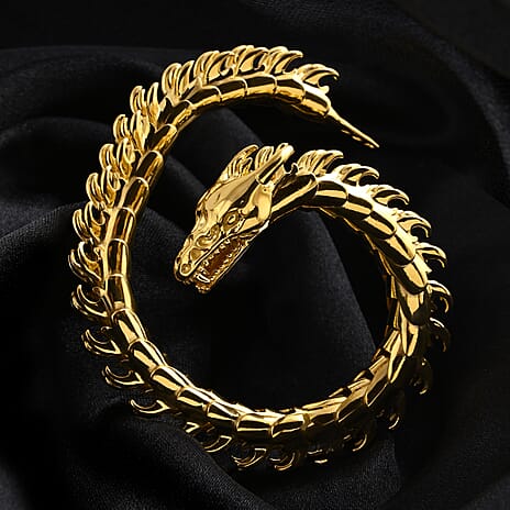 ROYAL BALI LEGACY DEAL - Sterling Silver Handmade Dragon Bracelet (Size 7.5) with Dragon Head Clasp in 22K Vermeil Yellow Gold Plated, Silver Wt. 62.67 Gms.