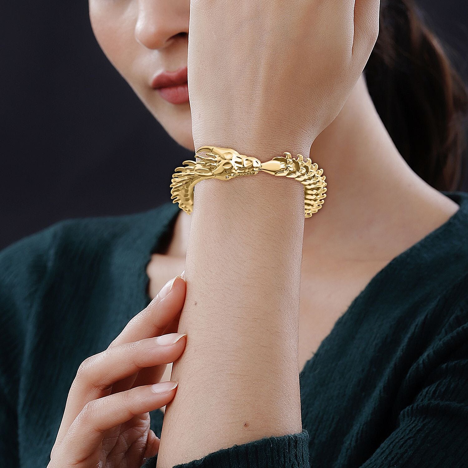 Bali Legacy Sterling Silver Handmade Dragon Bracelet (Size 7.5) with Dragon Head Clasp in 22K Vermeil Yellow Gold Plated, Silver Wt. 62.67 Gms.