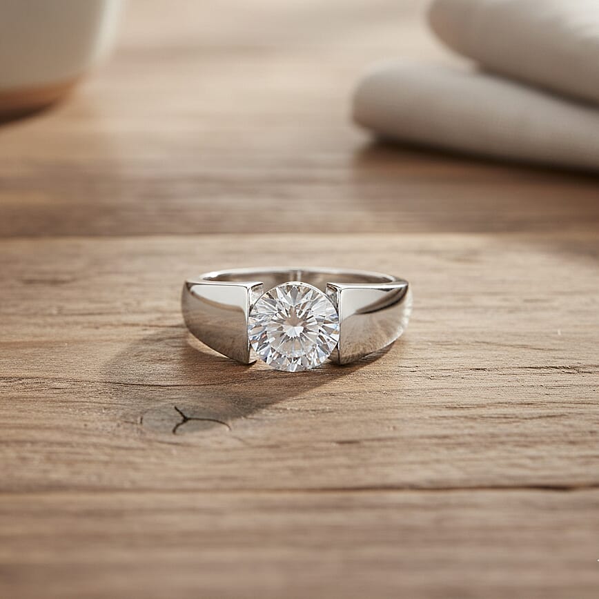 D'Joy Moissanite Solitaire Ring in Rhodium Overlay Sterling Silver 1.75 Ct.