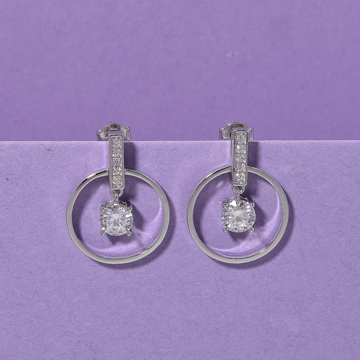 D'Joy Moissanite Earring with Push Back in Rhodium Overlay Sterling Silver 1.74 Ct.