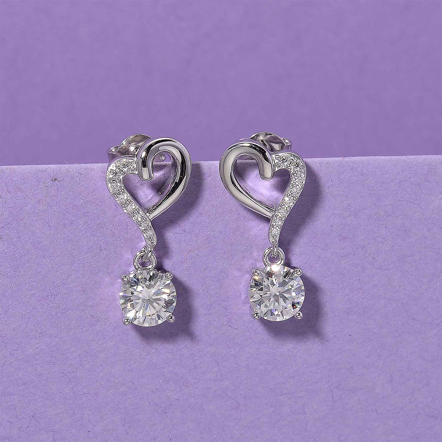 D'Joy Moissanite Dangling Earring with Push Back in Rhodium Overlay Sterling Silver 1.77 Ct.