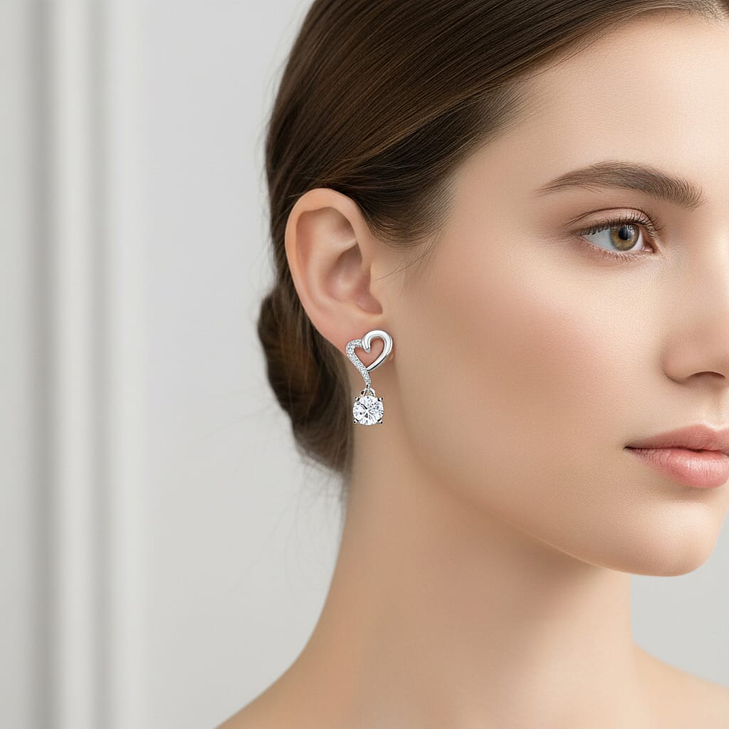 D'Joy Moissanite Dangling Earring with Push Back in Rhodium Overlay Sterling Silver 1.77 Ct.