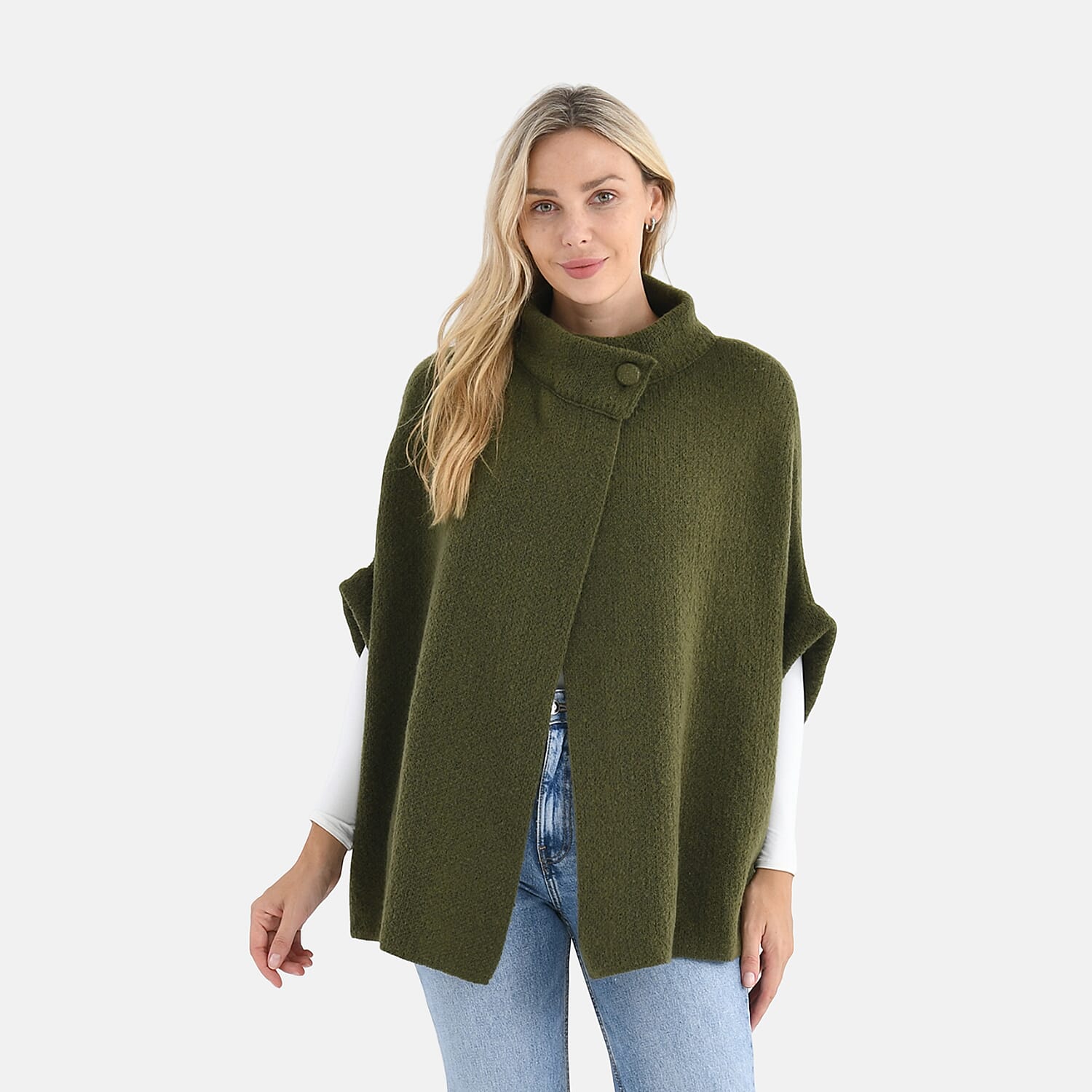 Styledby Knitted Cape Cardigan With Button-Detail (Fits Uk 10-18) - Green