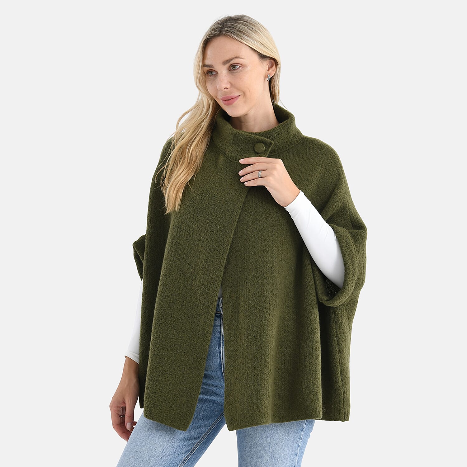 Styledby Knitted Cape Cardigan With Button-Detail (Fits Uk 10-18) - Green