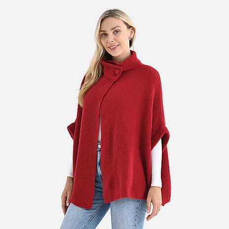 Styledby Knitted Cape Cardigan With Button-Detail (Fits Uk 10-18) - Red