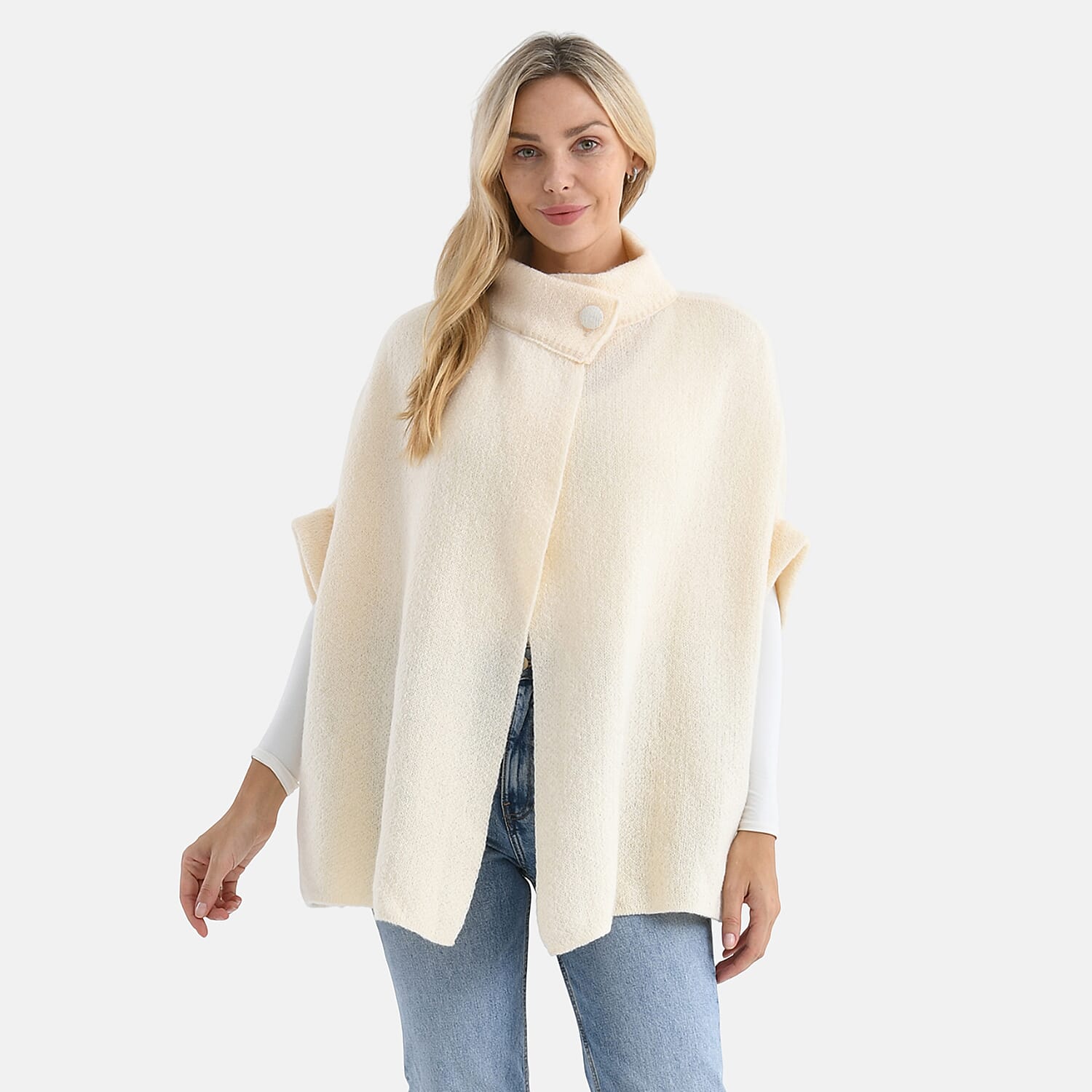 Styledby Knitted Cape Cardigan With Button-Detail (Fits Uk 10-18) - Cream