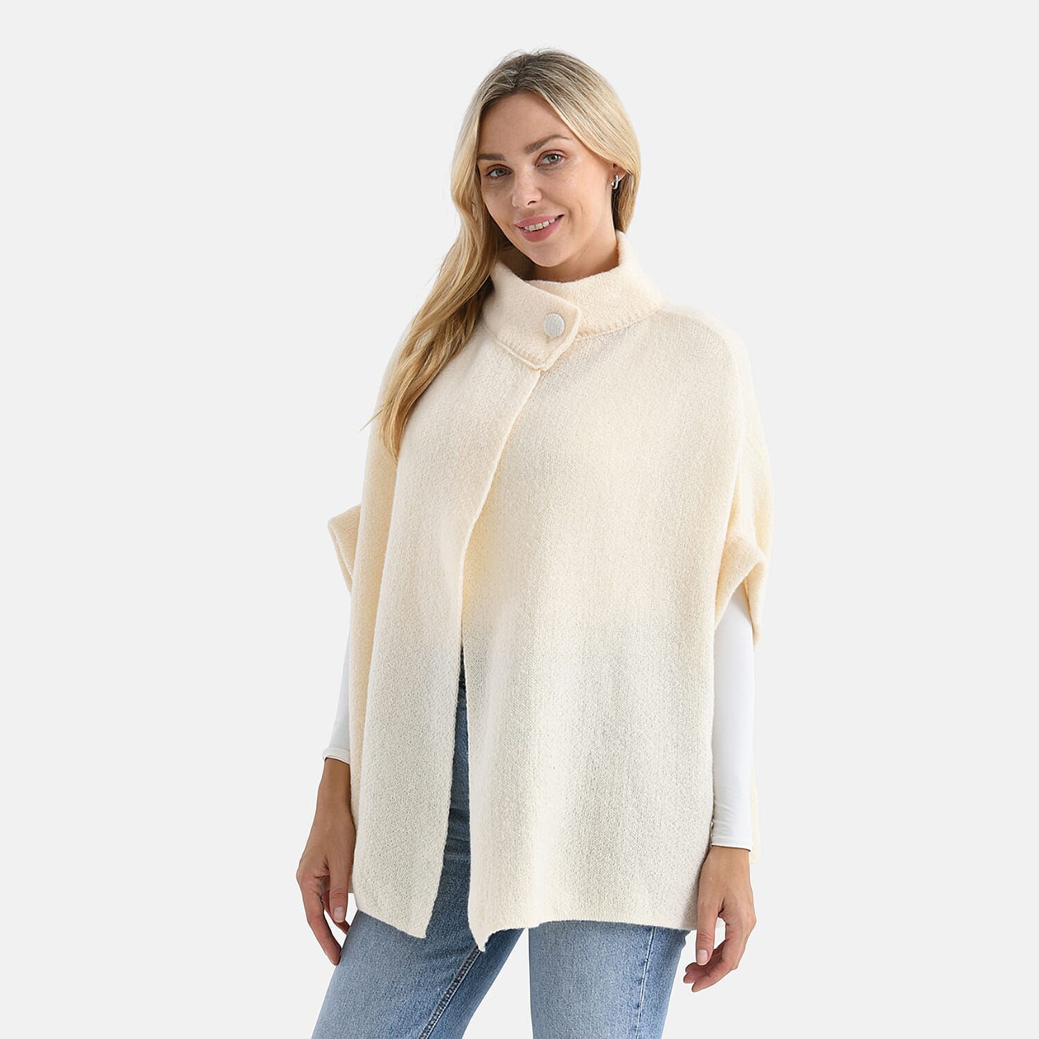 Styledby Knitted Cape Cardigan With Button-Detail (Fits Uk 10-18) - Cream