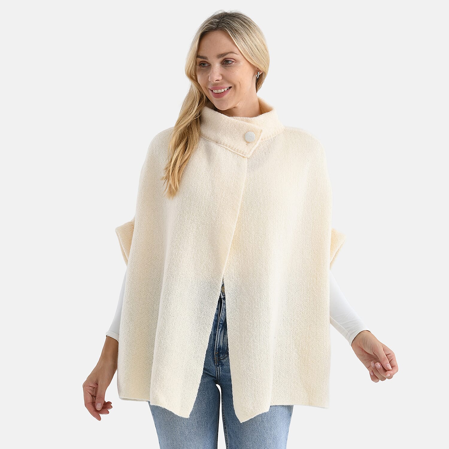 Styledby Knitted Cape Cardigan With Button-Detail (Fits Uk 10-18) - Cream