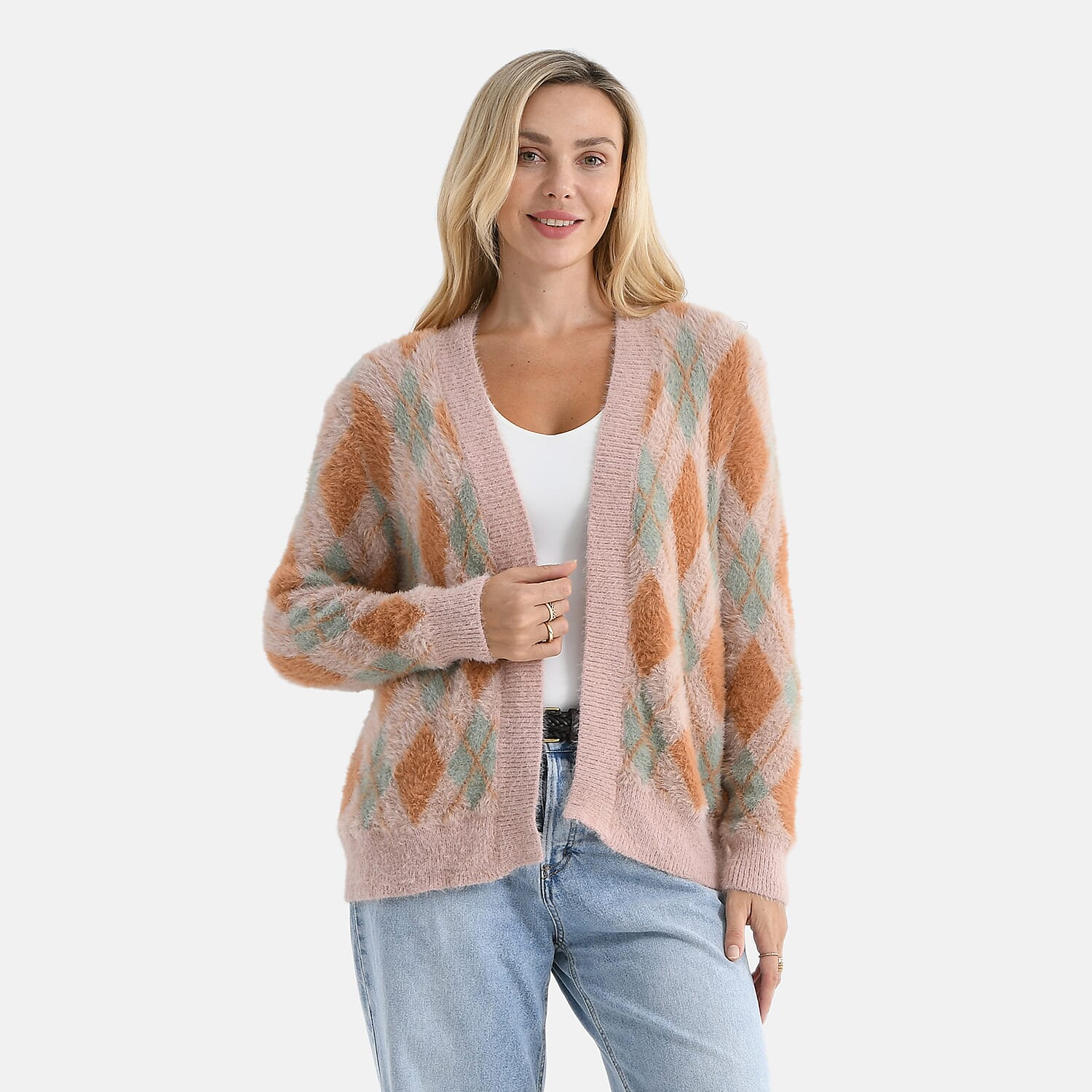 - Maisi Knitted Argyle Cozy Cardigan (One Size 8 to 20) - Pink - Green