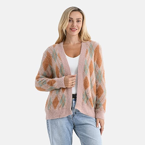 - Maisi Knitted Argyle Cozy Cardigan (One Size) - Pink - Green