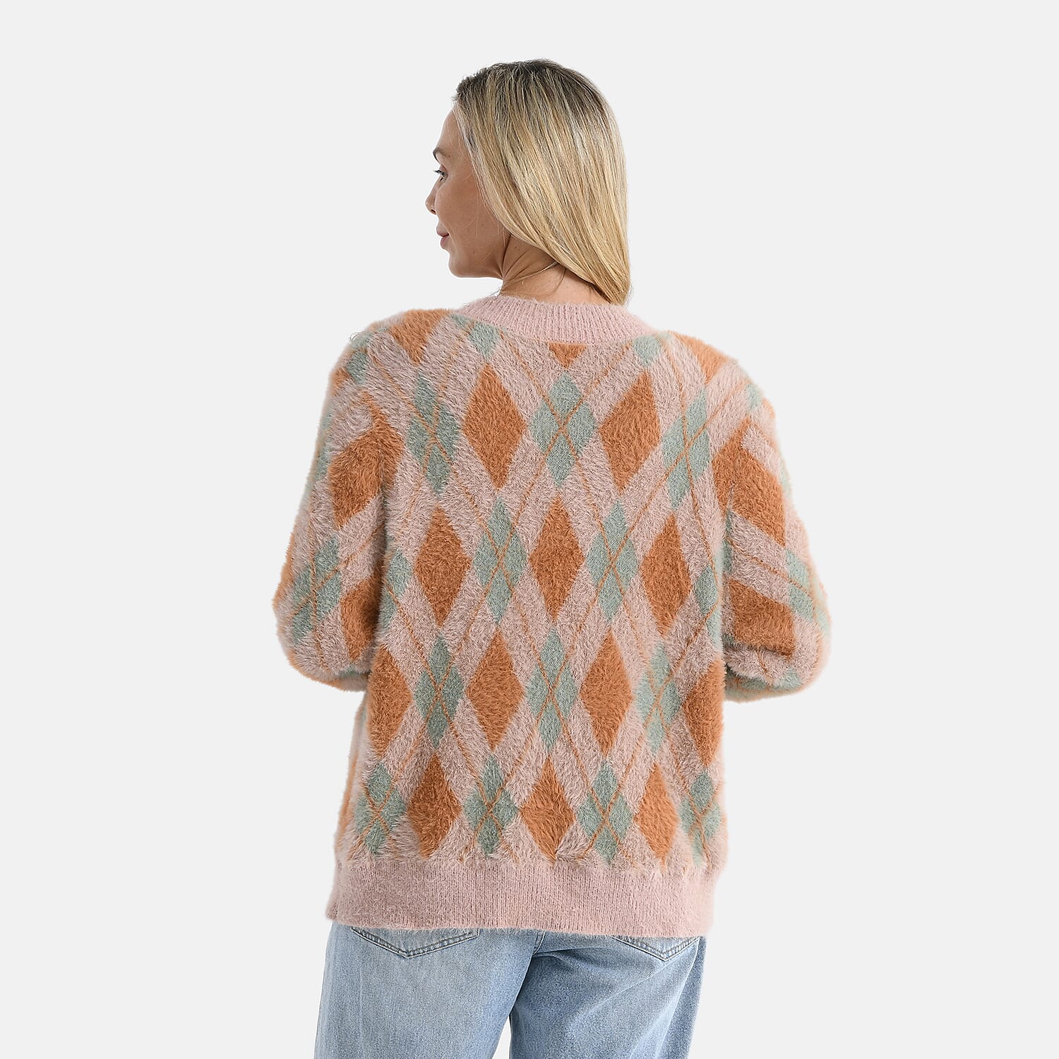 - Maisi Knitted Argyle Cozy Cardigan (One Size 8 to 20) - Pink - Green