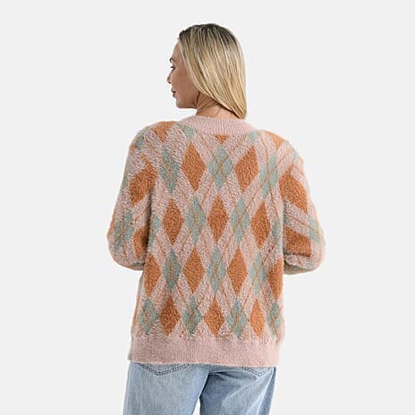 - Maisi Knitted Argyle Cozy Cardigan (One Size) - Pink - Green