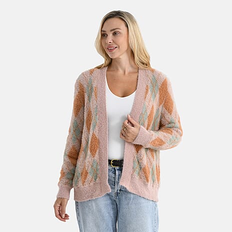 - Maisi Knitted Argyle Cozy Cardigan (One Size) - Pink - Green