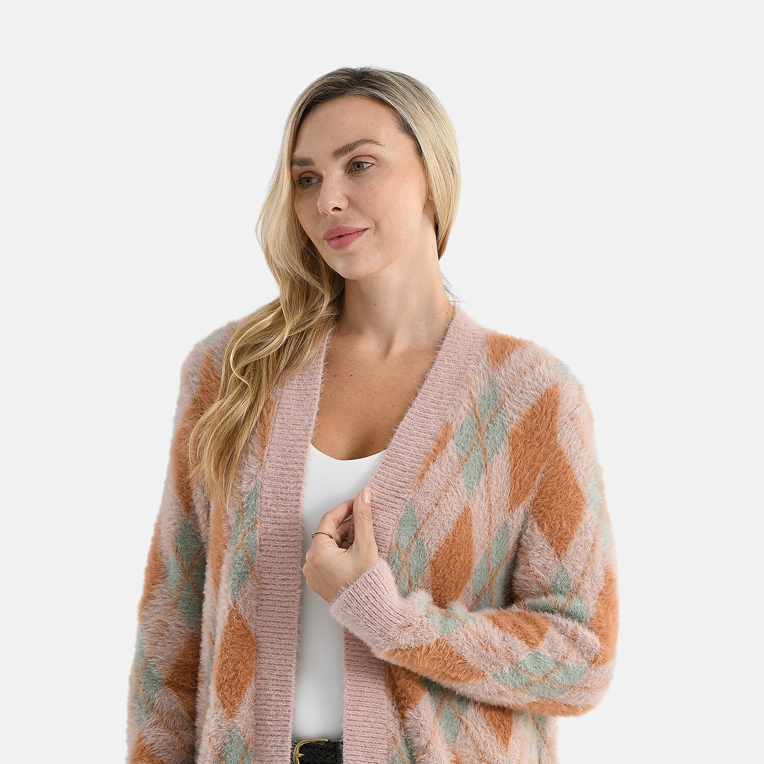 - Maisi Knitted Argyle Cozy Cardigan (One Size 8 to 20) - Pink - Green