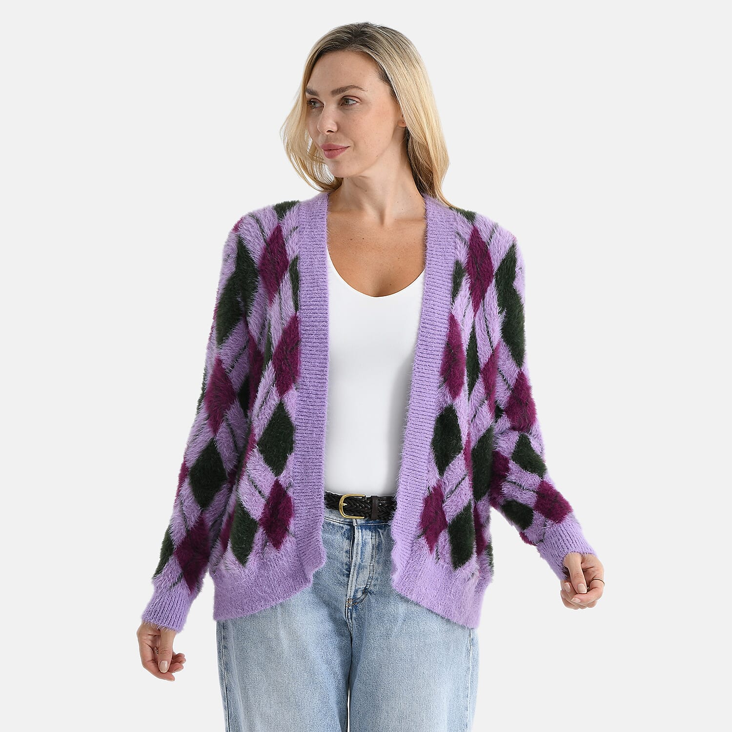 - Maisi Knitted Argyle Cozy Cardigan (One Size 8 to 20) - Purple - Magenta