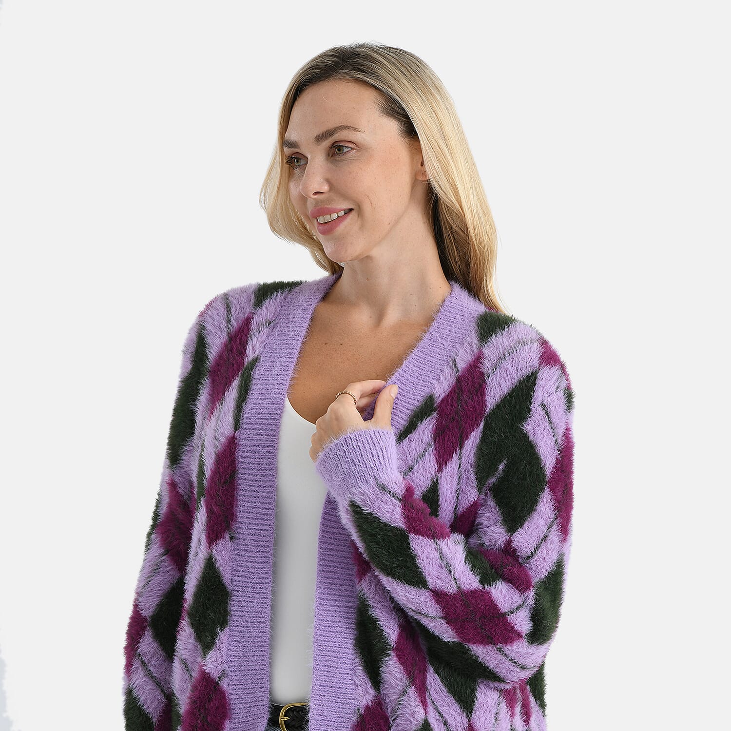 - Maisi Knitted Argyle Cozy Cardigan (One Size 8 to 20) - Purple - Magenta