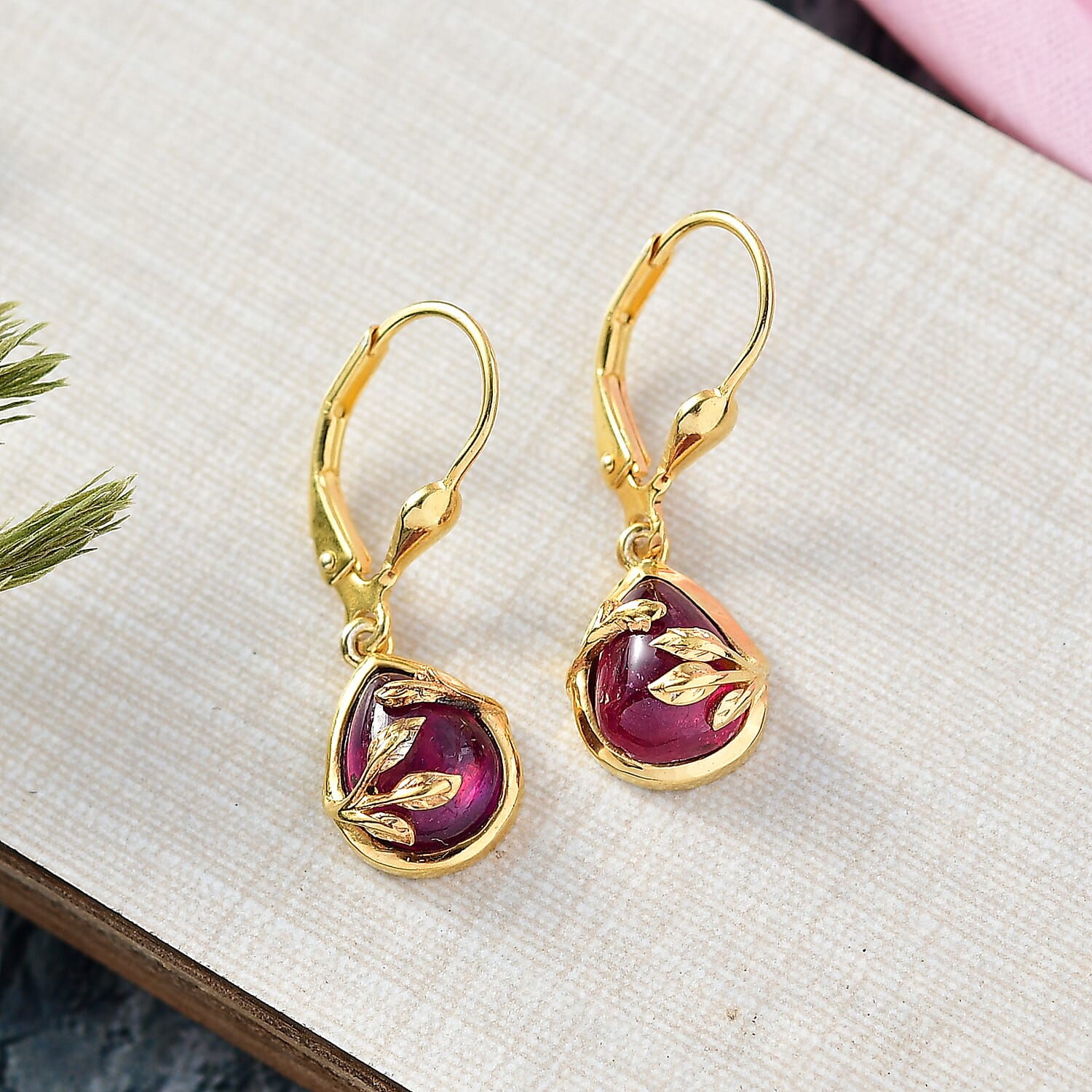 D'Joy Cabo Delgado Ruby Earring with Lever Back in Yellow Gold Plated Sterling Silver 5.09 Ct.