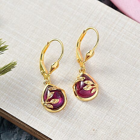 D'Joy Cabo Delgado Ruby Earring with Lever Back in Yellow Gold Plated Sterling Silver 5.09 Ct.