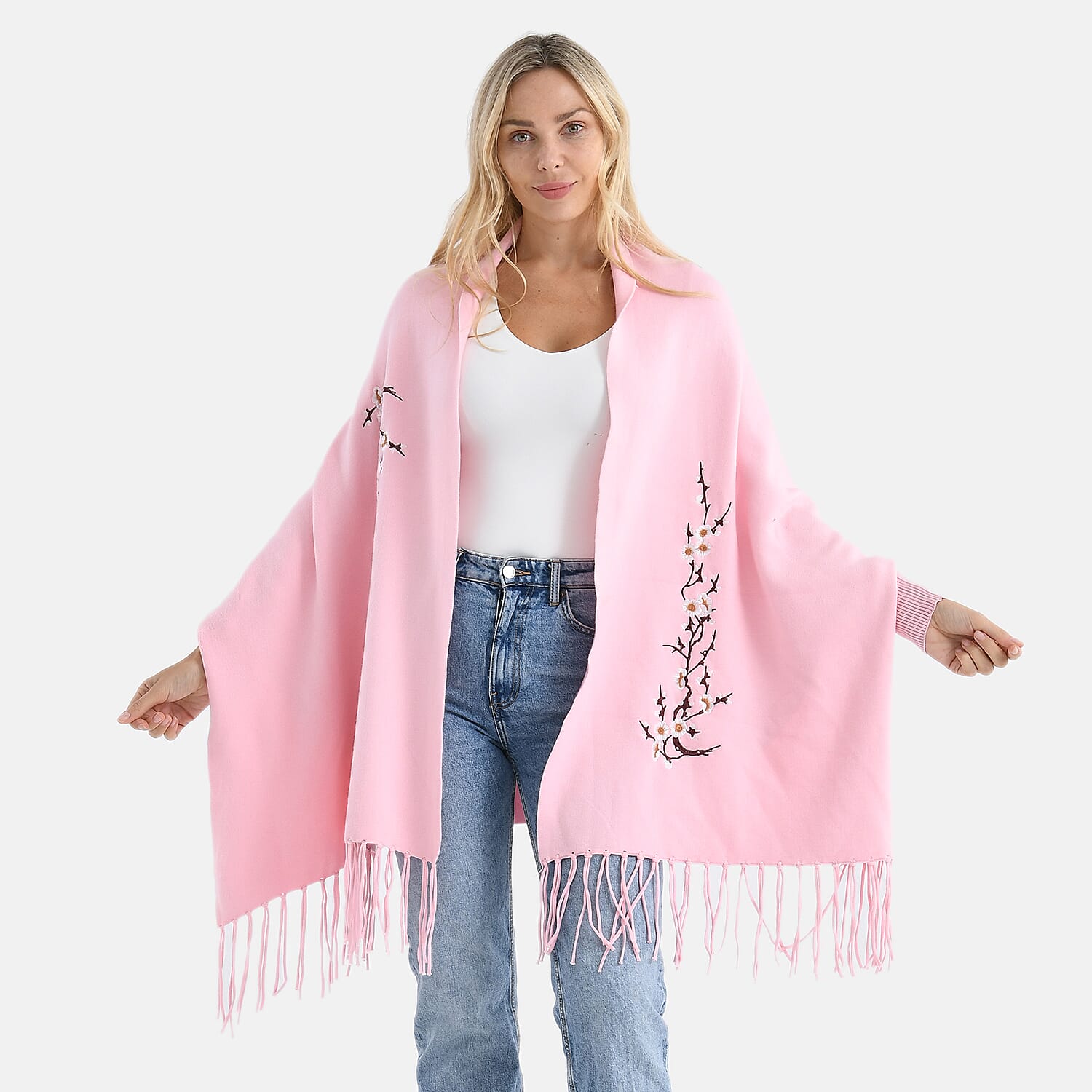 - Maisi Embroidered Tassel Batwing Sleeve Relaxed Drape Cape (One Size) - Pink