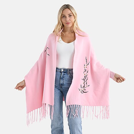 - Maisi Embroidered Tassel Batwing Sleeve Relaxed Drape Poncho (One Size) - Pink