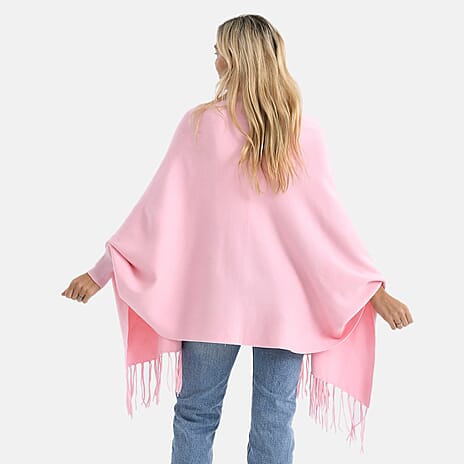 - Maisi Embroidered Tassel Batwing Sleeve Relaxed Drape Poncho (One Size) - Pink