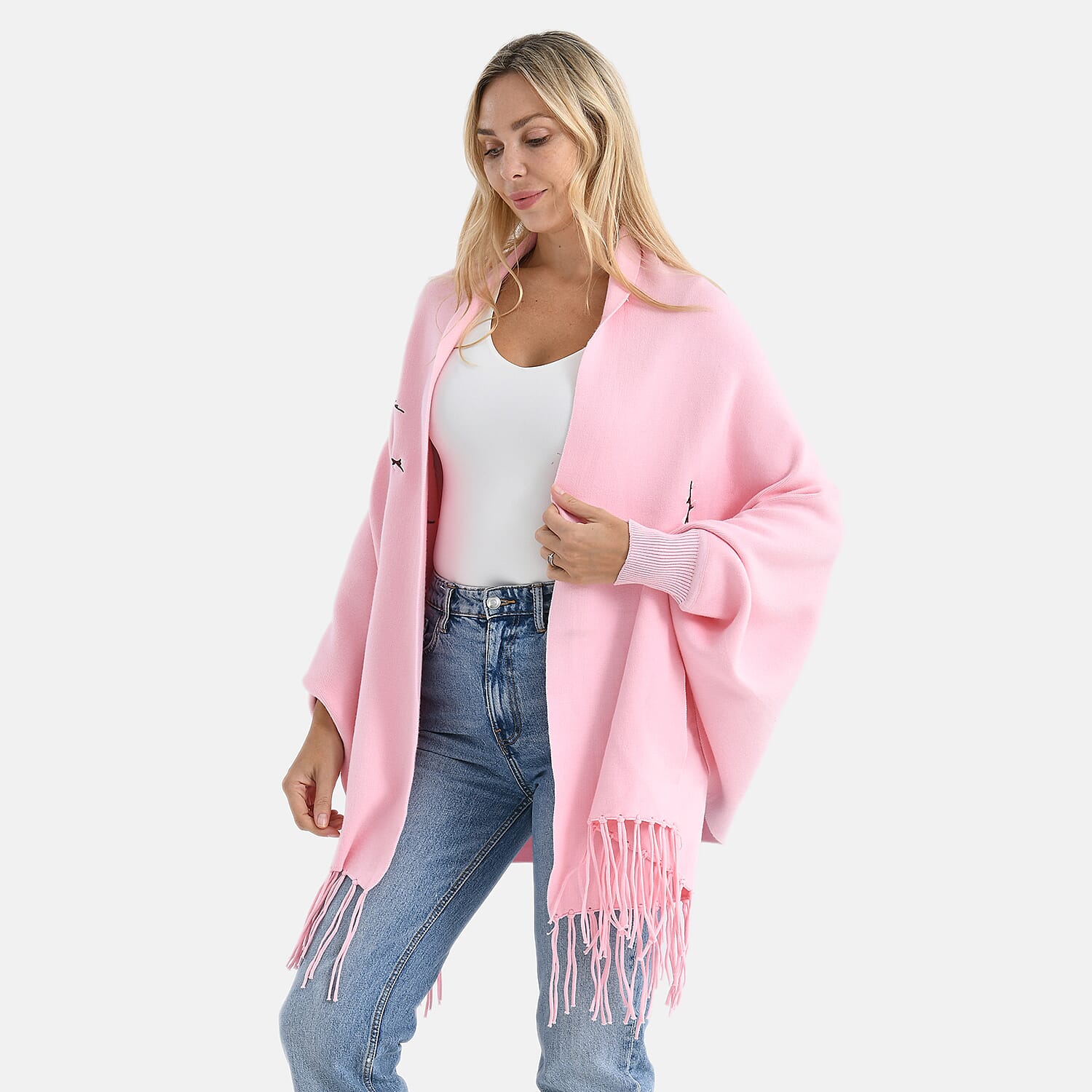 - Maisi Embroidered Tassel Batwing Sleeve Relaxed Drape Cape (One Size) - Pink