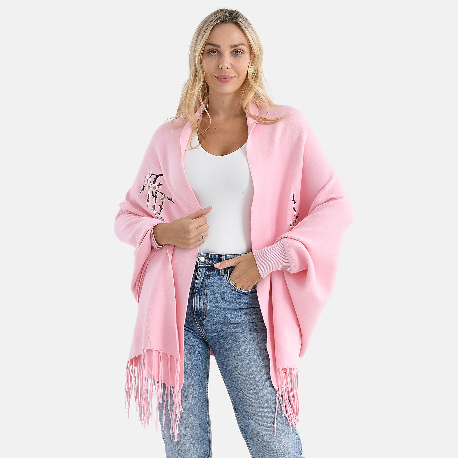 - Maisi Embroidered Tassel Batwing Sleeve Relaxed Drape Cape (One Size) - Pink