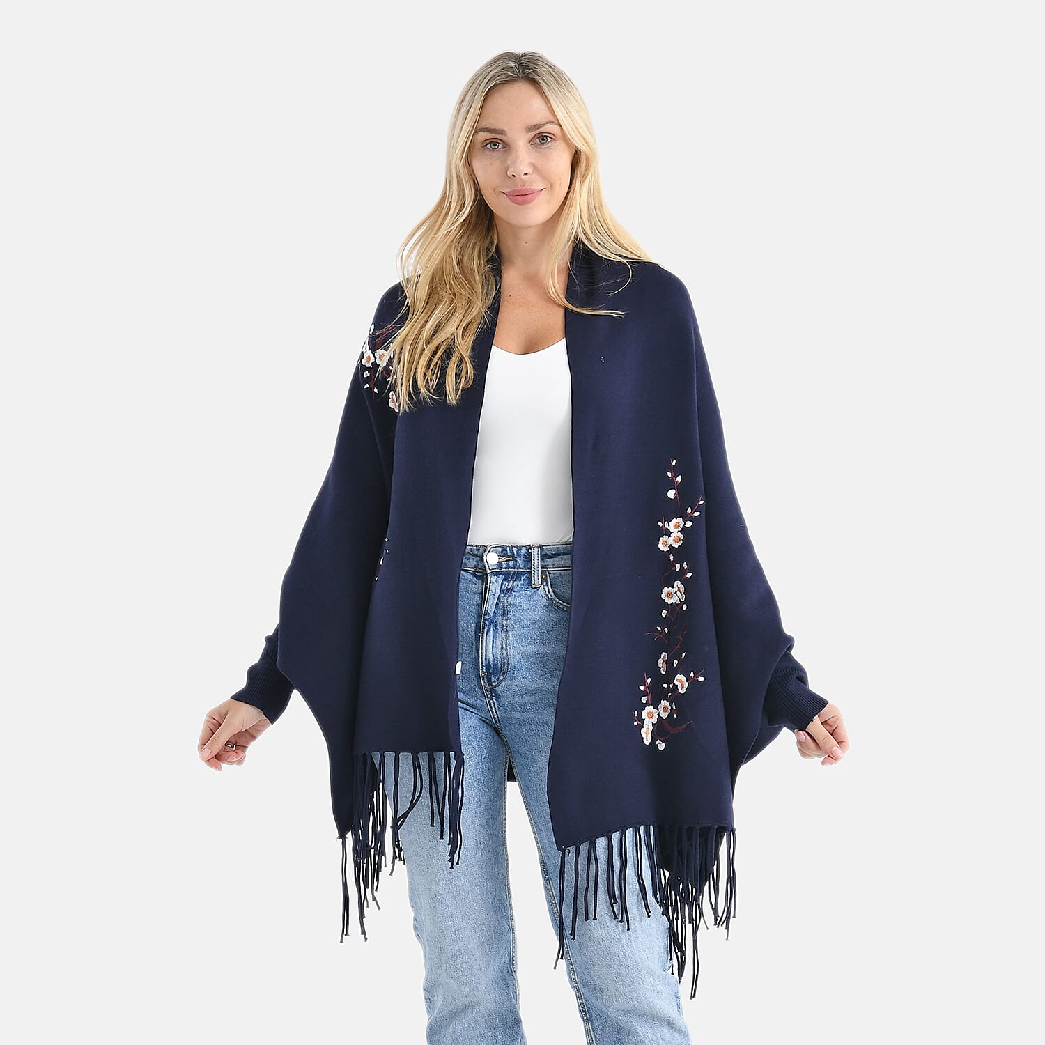 - Maisi Embroidered Tassel Batwing Sleeve Relaxed Drape Cape (One Size) - Navy