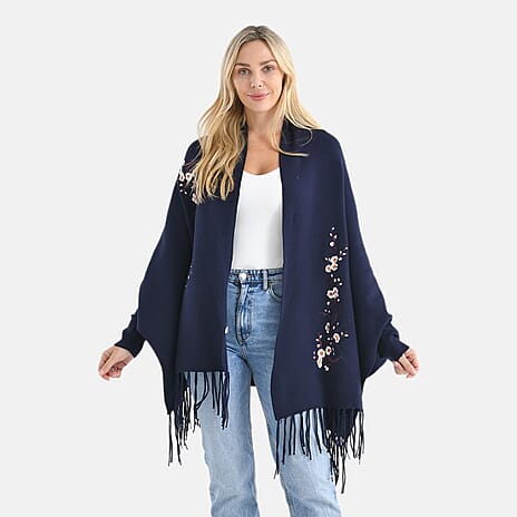 - Maisi Embroidered Tassel Batwing Sleeve Relaxed Drape Cape (One Size) - Navy