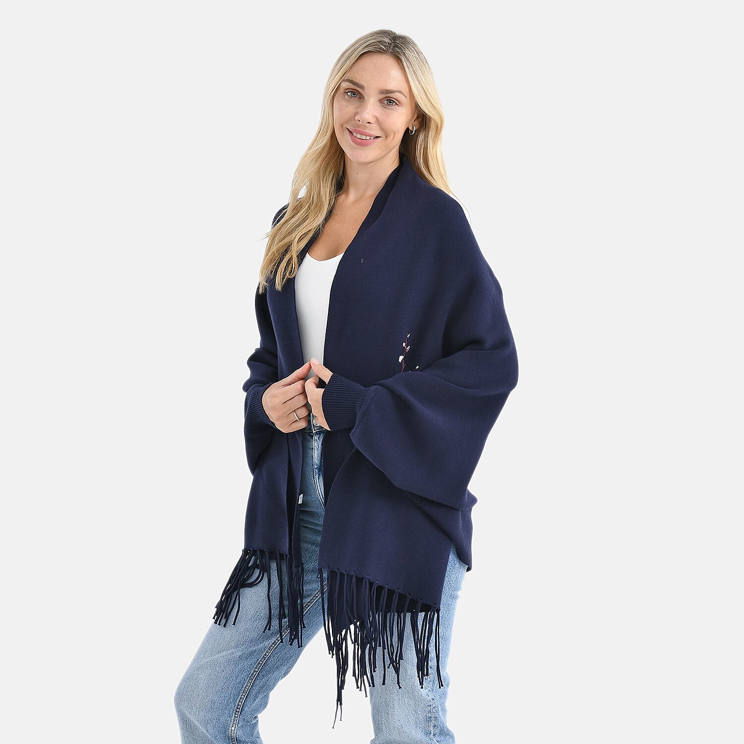 - Maisi Embroidered Tassel Batwing Sleeve Relaxed Drape Cape (One Size) - Navy