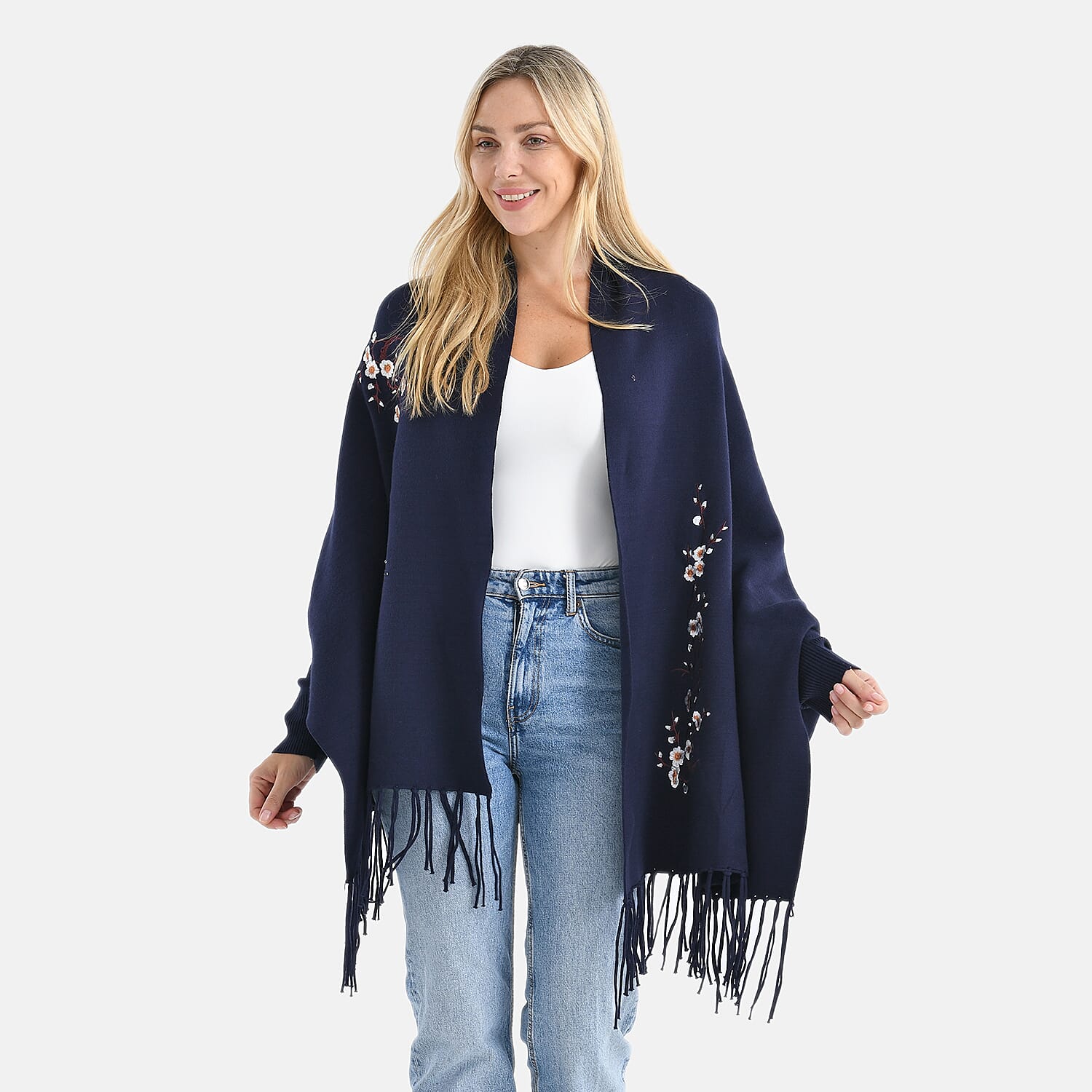 - Maisi Embroidered Tassel Batwing Sleeve Relaxed Drape Cape (One Size) - Navy