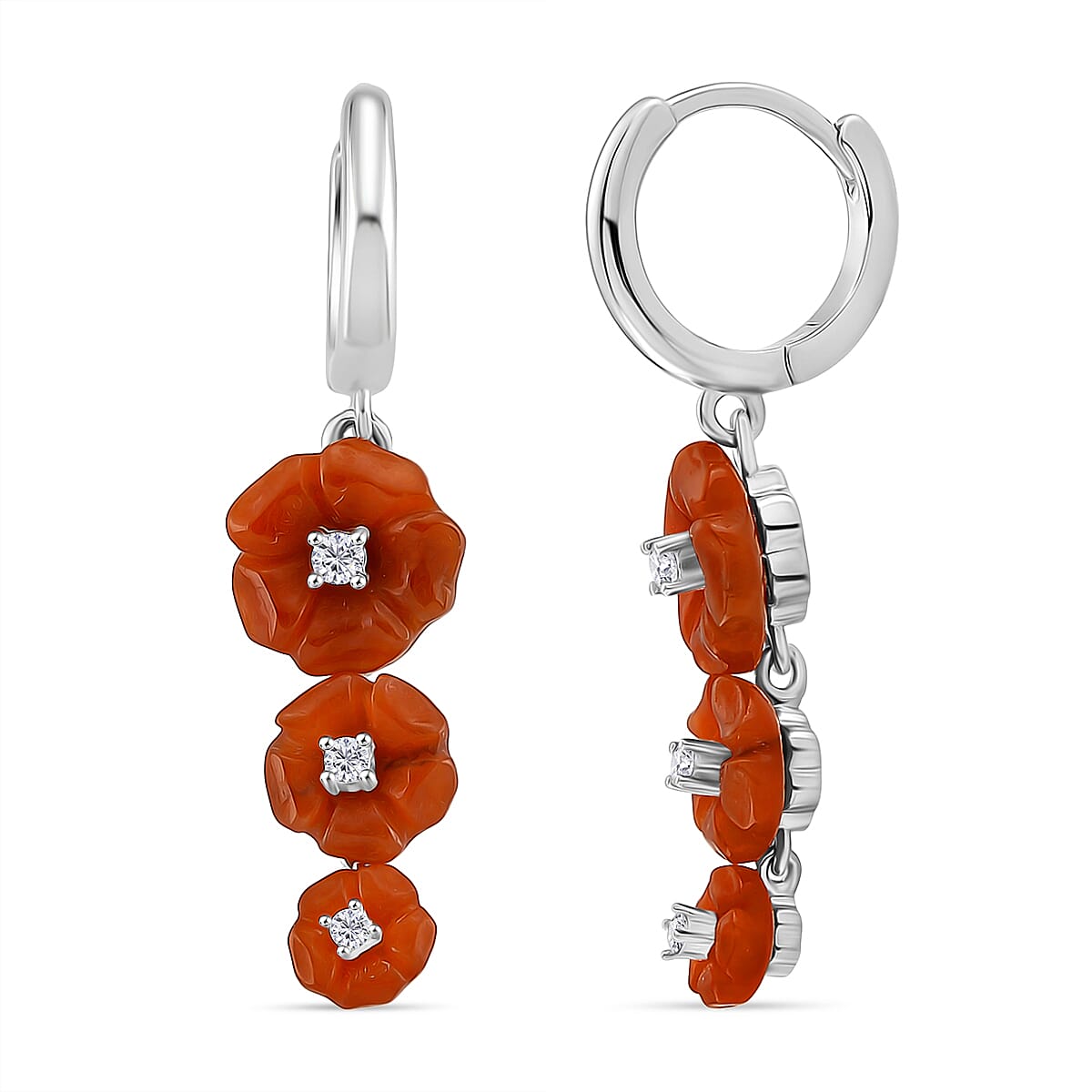 D'Joy Enhanced Red Jade & White Zircon Earring with Hoop in Rhodium Overlay Sterling Silver 8.25 Ct.