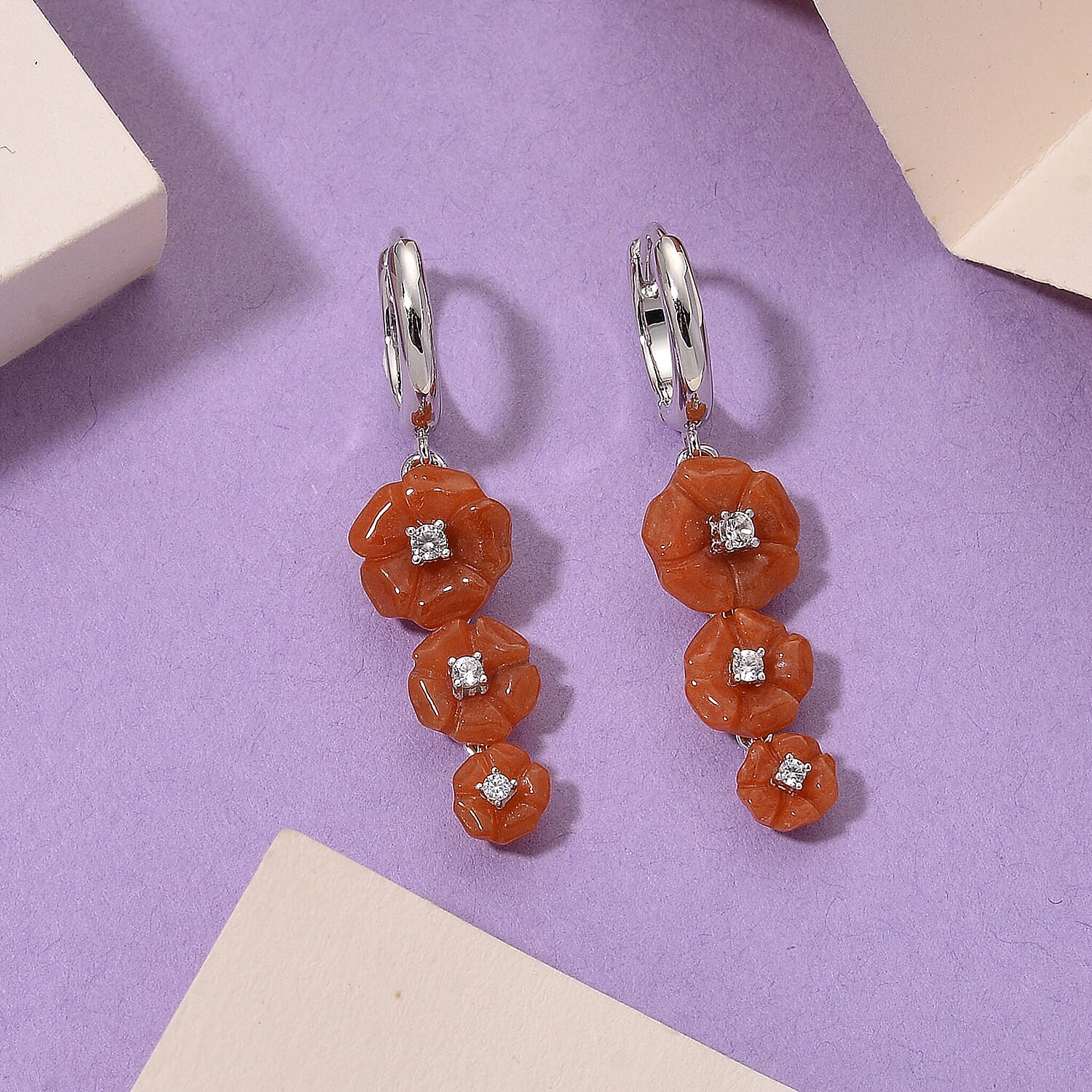 D'Joy Enhanced Red Jade & White Zircon Earring with Hoop in Rhodium Overlay Sterling Silver 8.25 Ct.