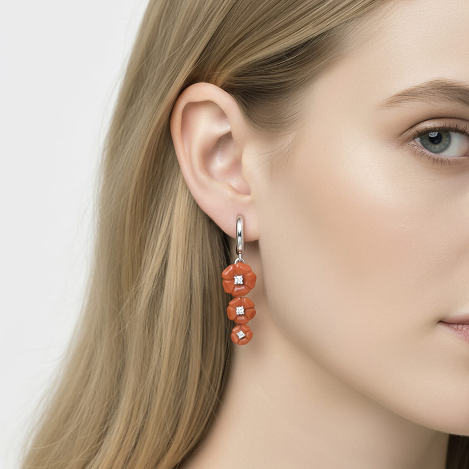 D'Joy Enhanced Red Jade & White Zircon Earring with Hoop in Rhodium Overlay Sterling Silver 8.25 Ct.