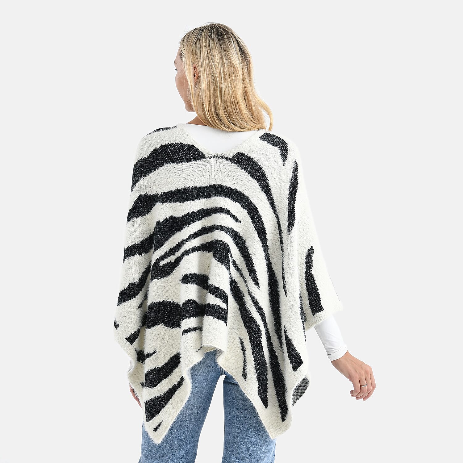 - Maisi Zebra Stripe Knitted Poncho (One Size) - White - Black