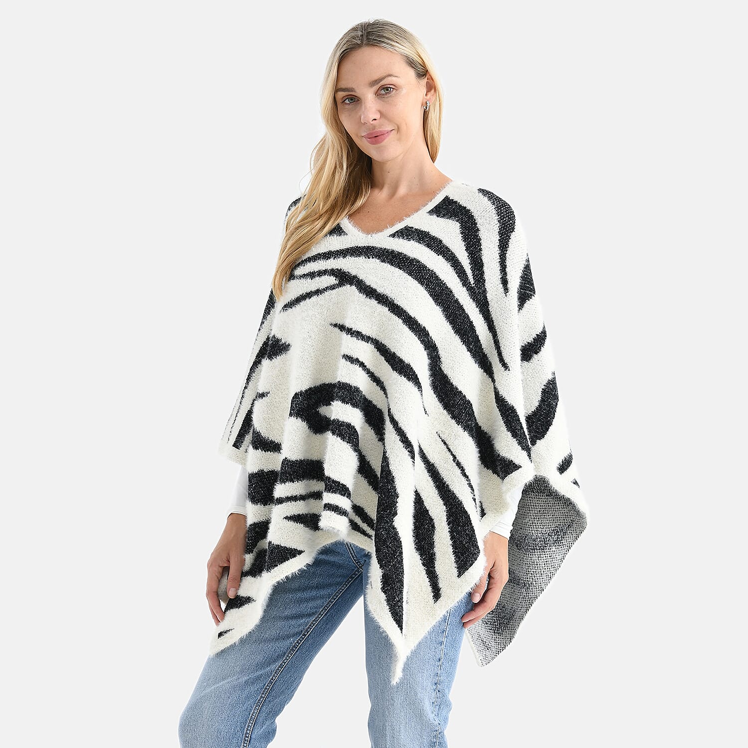 - Maisi Zebra Stripe Knitted Poncho (One Size) - White - Black