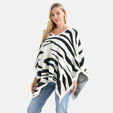 - Maisi Zebra Stripe Knitted Poncho (One Size) - Beige - Black