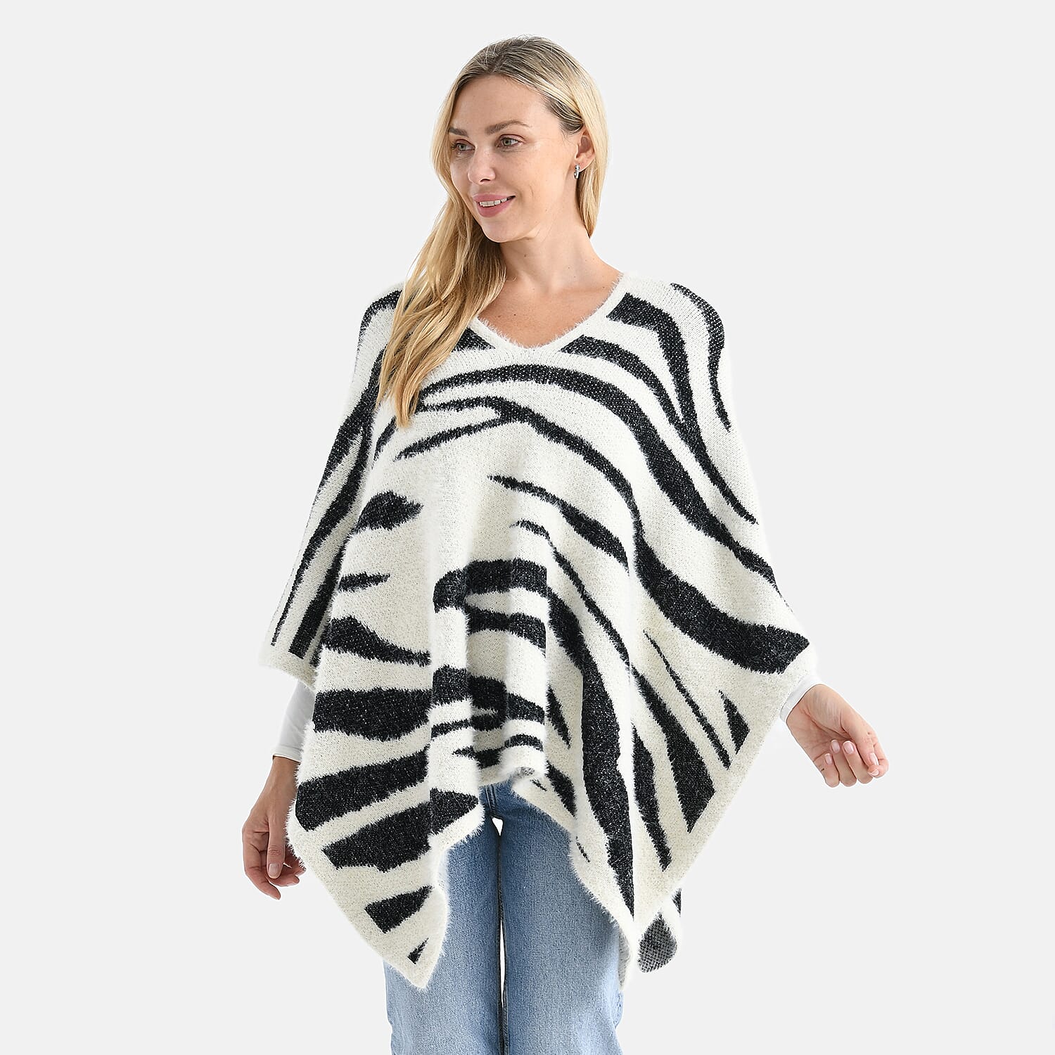 - Maisi Zebra Stripe Knitted Poncho (One Size) - White - Black