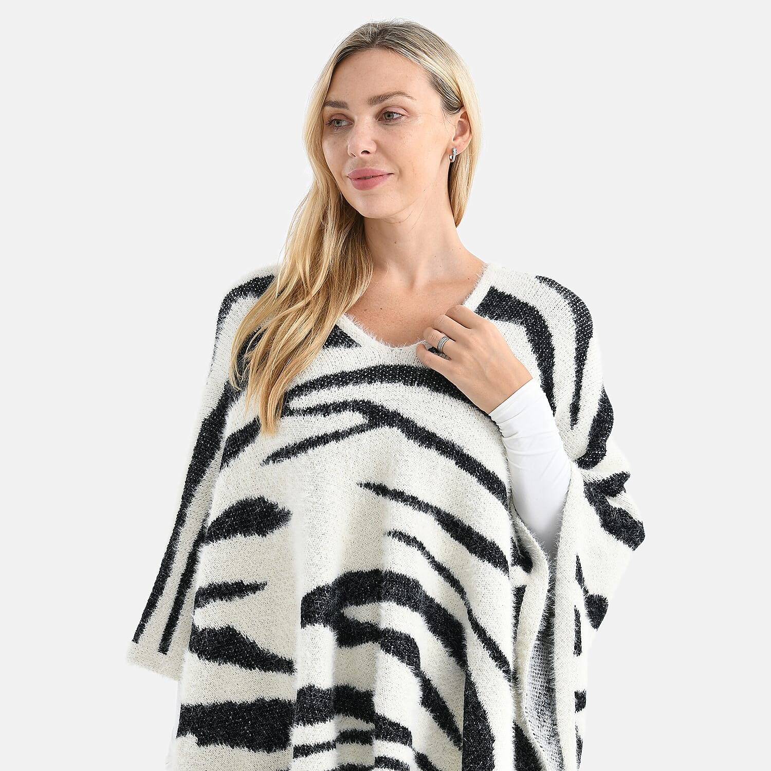 - Maisi Zebra Stripe Knitted Poncho (One Size) - White - Black