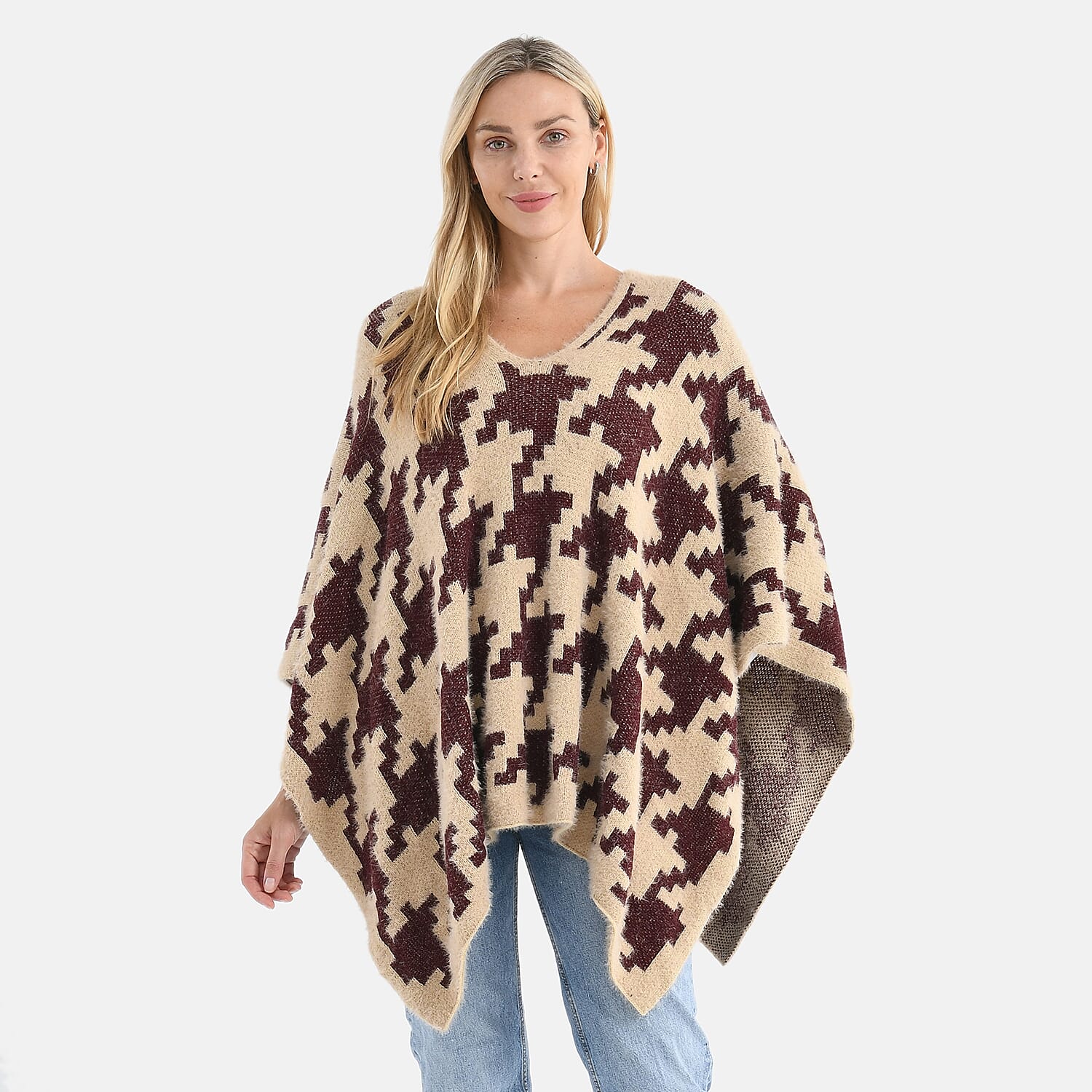 - Maisi Chevron Knitted Poncho (One Size) - Maroon - Beige