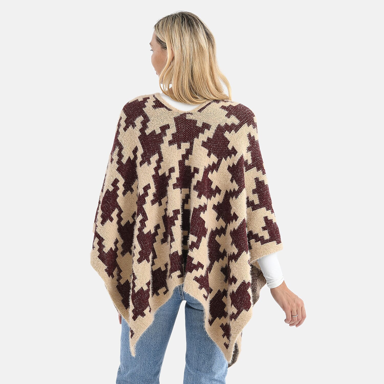 - Maisi Chevron Knitted Poncho (One Size) - Maroon - Beige