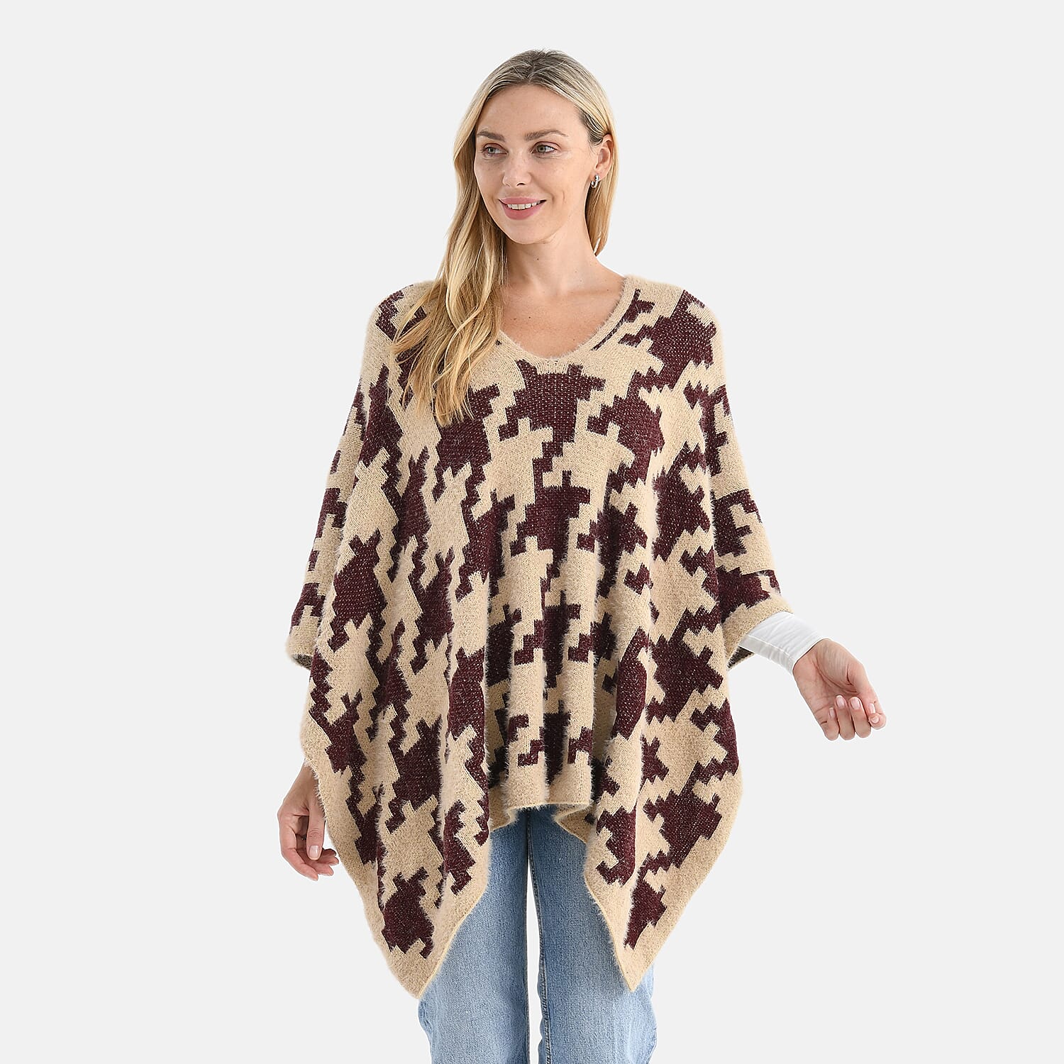- Maisi Chevron Knitted Poncho (One Size) - Maroon - Beige