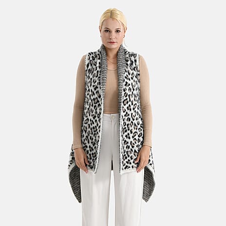 Styled By Leopard Print Sleeveless Waterfall Draped Cardigan (Fits UK 10-18) - White