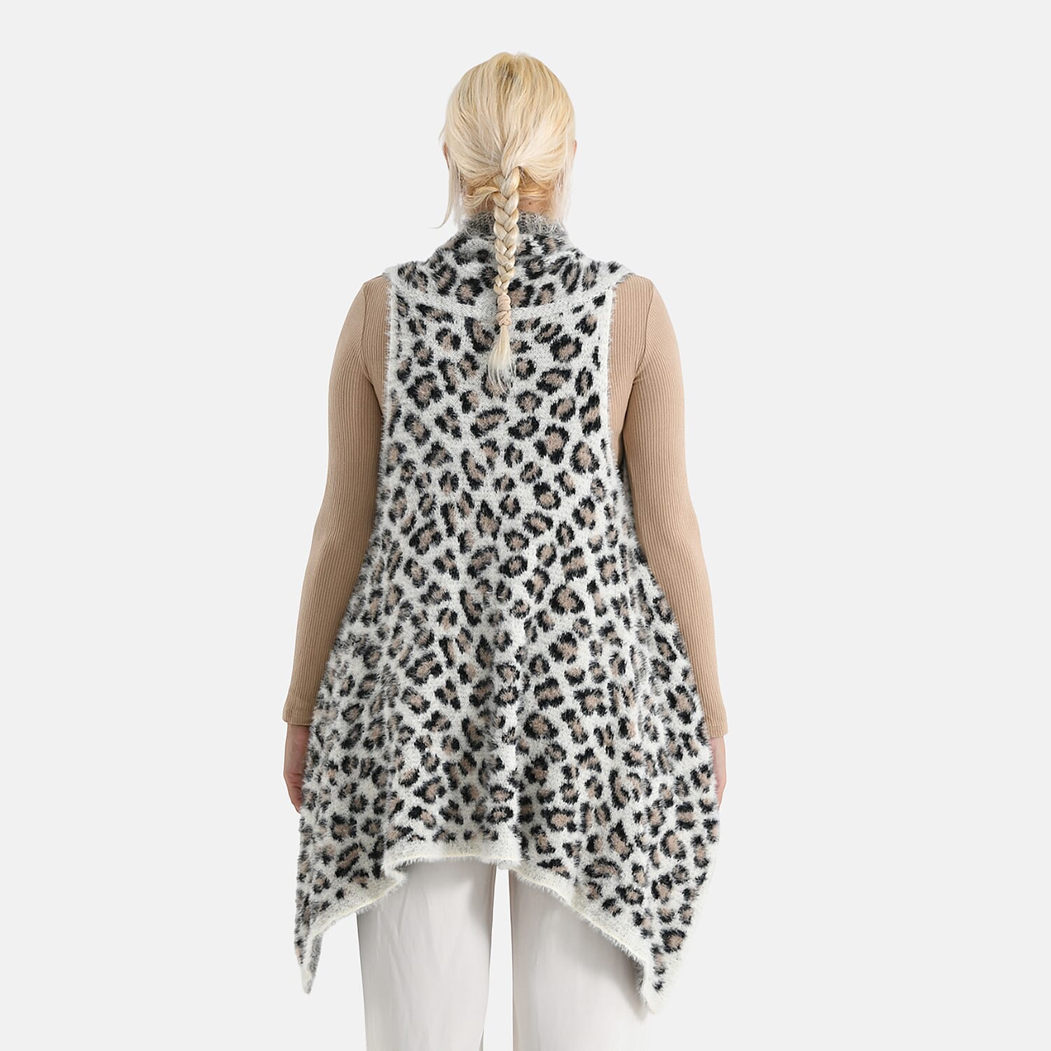 Styled By Leopard Print Sleeveless Waterfall Draped Cardigan (Fits UK 10-18) - White