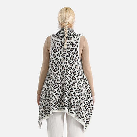 Styled By Leopard Print Sleeveless Waterfall Draped Cardigan (Fits UK 10-18) - White