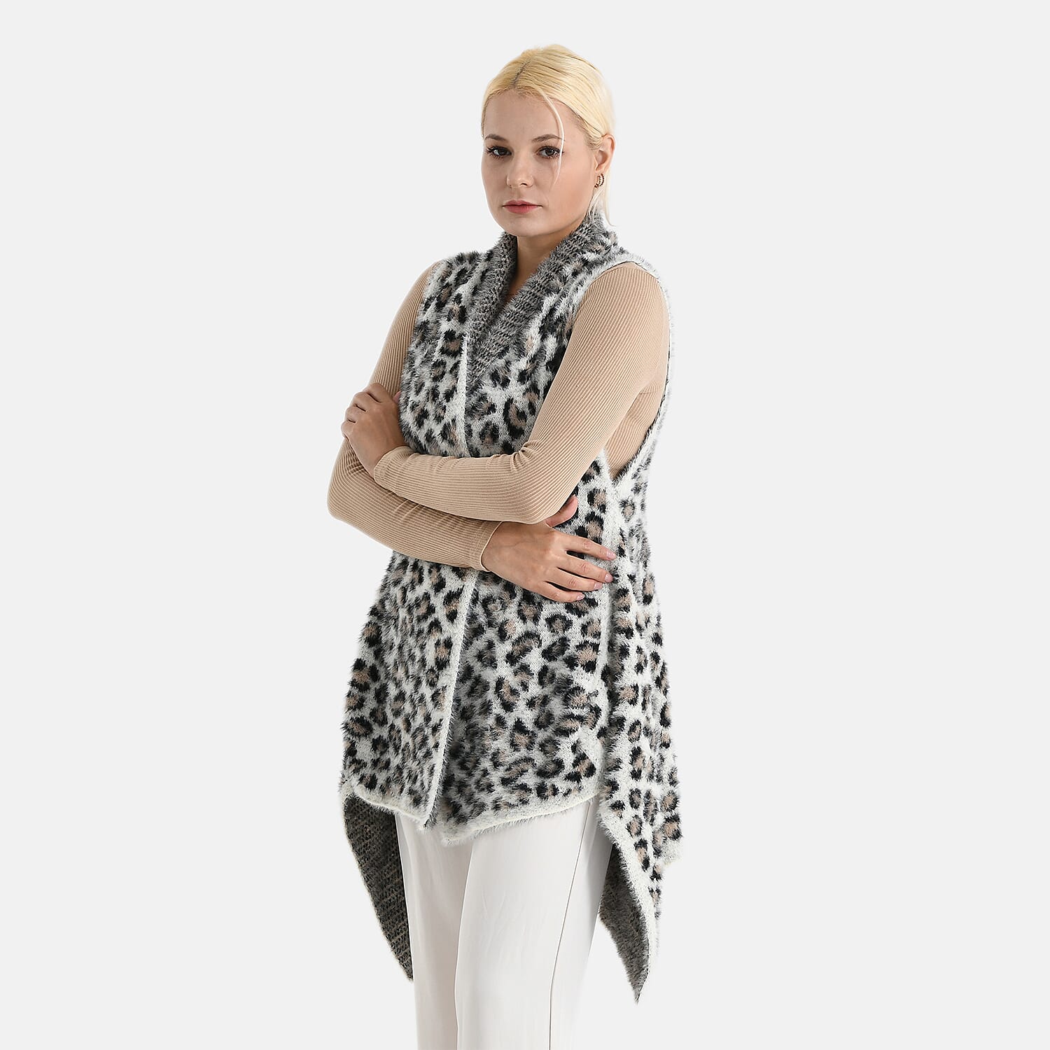 Styled By Leopard Print Sleeveless Waterfall Draped Cardigan (Fits UK 10-18) - White