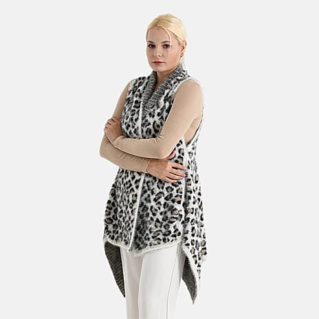 Styled By Leopard Print Sleeveless Waterfall Draped Cardigan (Fits UK 10-18) - White