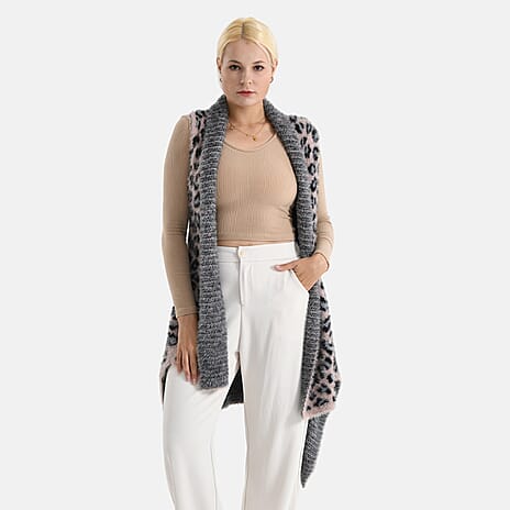 Styled By Leopard Print Sleeveless Waterfall Draped Cardigan (Fits UK 10-18) - Pink