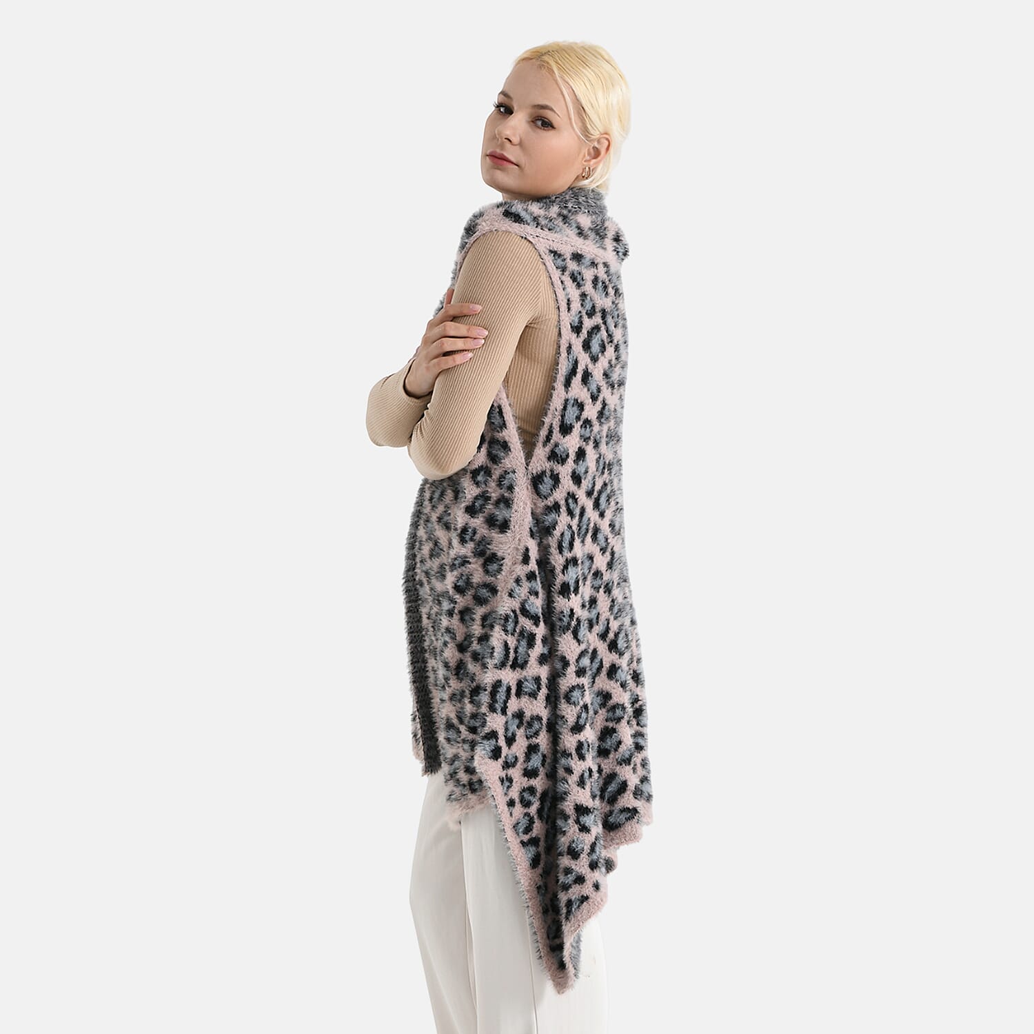 Styled By Leopard Print Sleeveless Waterfall Draped Cardigan (Fits UK 10-18) - Pink